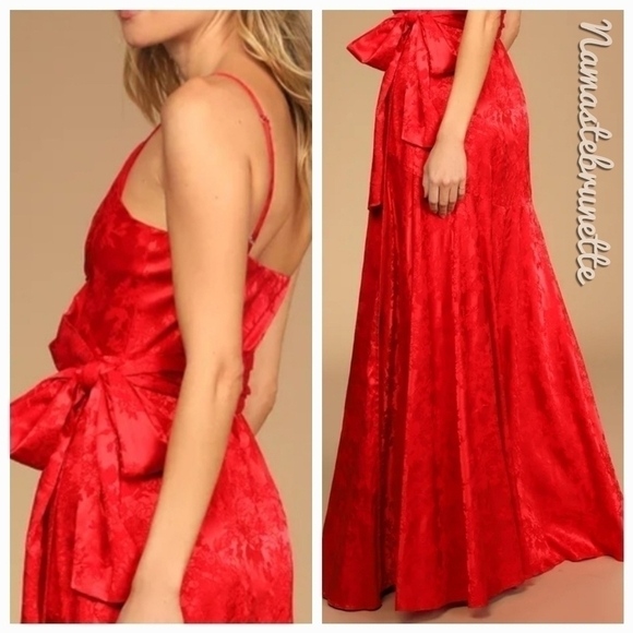 Nwt Lulu's Red Floral Jacquard Satin Wrap Maxi Dress, Formal - Picture 10 of 17